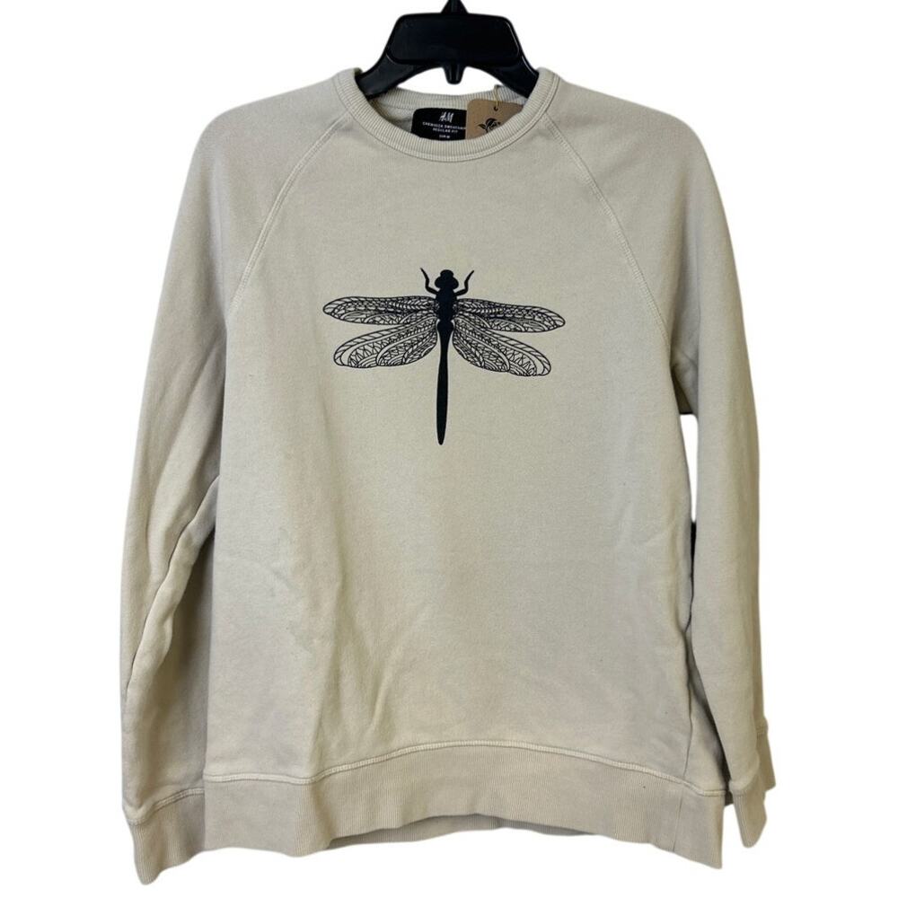 Upcycled Hand Printed Womens Medium 100% Cotton Dragonfly Long Sleeve Sweatshirt